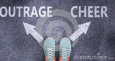 Outrage and cheer as different choices in life - pictured as words Outrage, cheer on a road to symbolize making decision and Cartoon Illustration