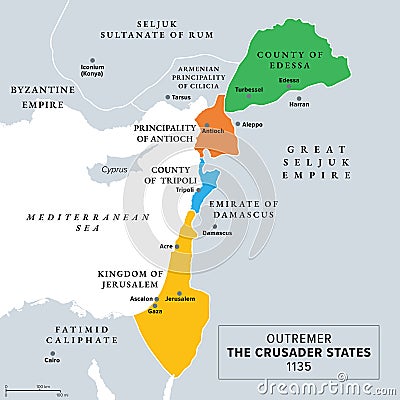 Outremer, the Crusader states at about 1135, gray history map Vector Illustration