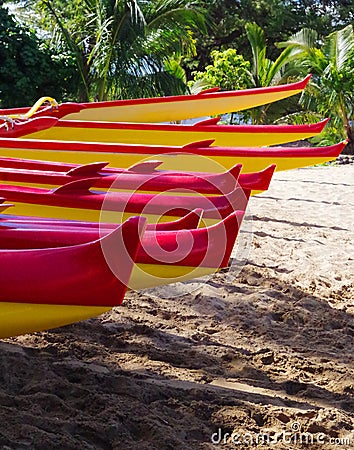 Outrigger canoes on the beach in Maui, Hawaii Stock Photo