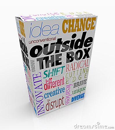 Outside the Box Words on Product Package Innovation Stock Photo