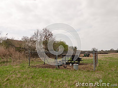 outside chicken hen coup fence gate farm field nature Stock Photo