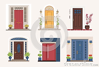 Outside doors. Cartoon residential houses entrances with doorsteps. Exterior architectural elements. Home porches with Vector Illustration