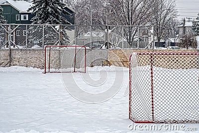 Hockey goals in outdoor rink Stock Photo