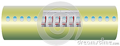 Outside and Inside of Airplane. Focus of Economic class seat Cartoon Illustration