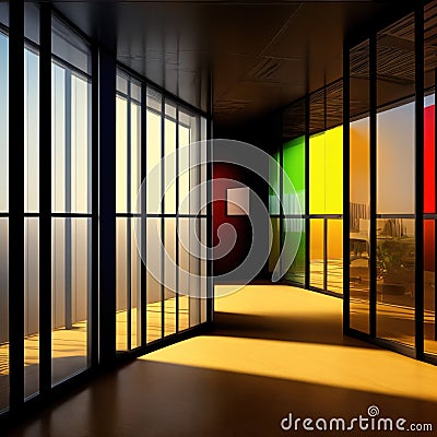 Outside view of office building cyborgy window with business robotworking inside. Generative AI AIG18. Stock Photo