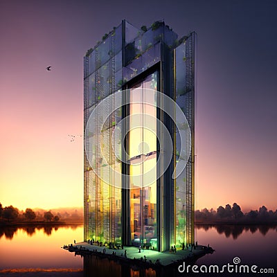 Outside view of office building cyborgy window with business robotworking inside. Generative AI AIG18. Stock Photo
