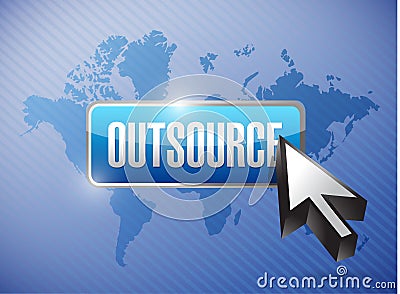 Outsource button and cursor over a world map Cartoon Illustration