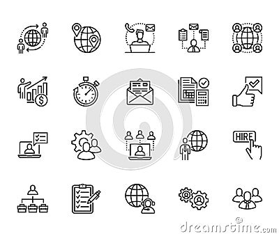 Outsource flat line icons set. Recruitment, partnership, teamwork, freelancer, part and full-time job vector Vector Illustration