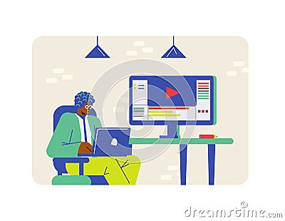 Outsource or freelance job. Businessman working on laptop, vector isolated. Vector Illustration