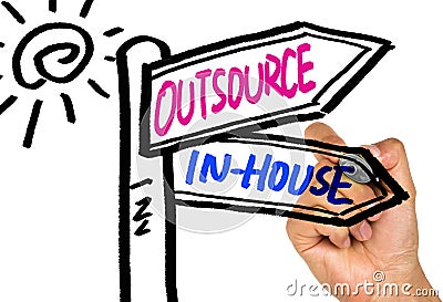 Outsource or in-house signpost hand drawing on whiteboard Stock Photo