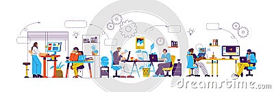 Outsource work infographics with office employees working in teamwork, flat vector illustration on white. Vector Illustration