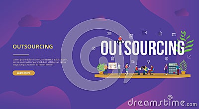 Outsourcing business concept big text with people for website template banner design with modern purple color - vector Cartoon Illustration