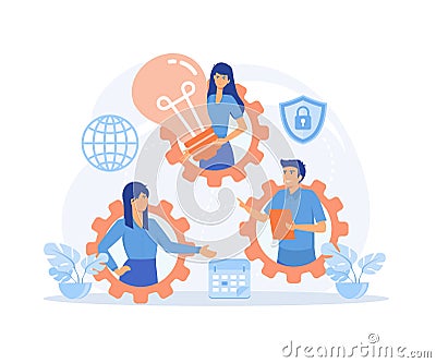 Outsourcing company with tree people in gears. Idea of teamwork and project delegation. Vector Illustration