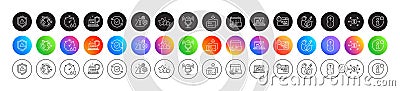 Outsourcing, Swipe up and Security confirmed line icons. For web app, printing. Round icon buttons. Vector Stock Photo