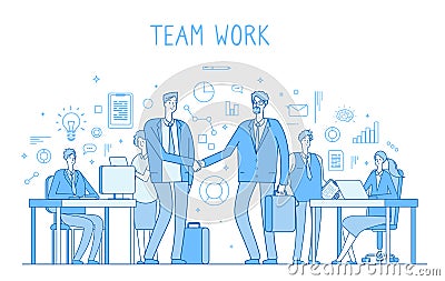 Outsourcing team concept. Creative business teamwork office workers handshaking. Collaboration trendy flat outline Vector Illustration