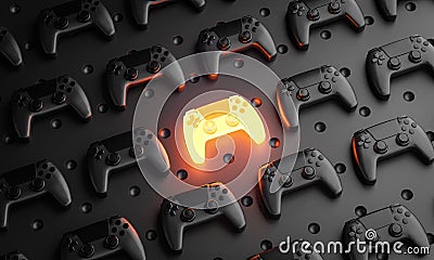 Outstanding Concept. Glowing Gamepad Between Multiple Black Joysticks Background 3D Rendering Stock Photo