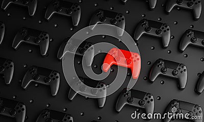 Outstanding Concept. Red Gamepad Between Multiple Black Joysticks Background 3D Rendering Stock Photo