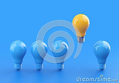Outstanding glowing yellow light bulb among blue light bulbs 3D illustration with clipping path. 3D rendering Cartoon Illustration