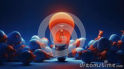 Outstanding Orange light bulb color in middle Surrounded by blue light bulb. Generative AI technology Stock Photo