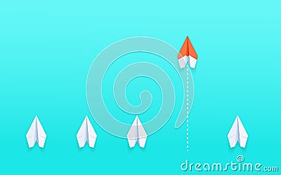 Outstanding the orange paper plane unique and standing out of the crowd. Business advantage opportunities and success concept Vector Illustration