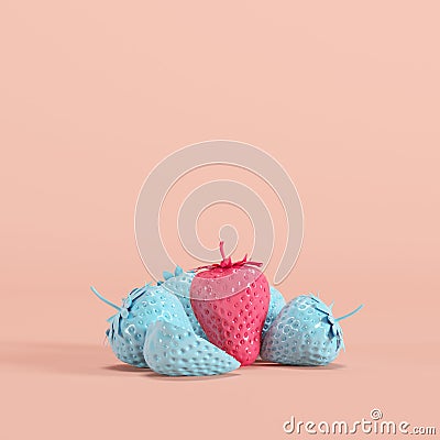 Outstanding pink painted strawberry among blue painted strawberries on pastel pink background Stock Photo