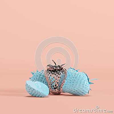 Outstanding silver painted strawberry among blue painted strawberries on pastel pink background Stock Photo