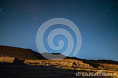 Outstanding starry sky at high altitude on the barren highlands of the Andes in Bolivia. Football ground soccer field in the mid Stock Photo