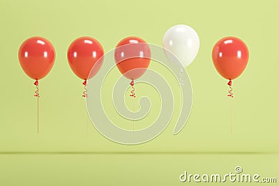 Outstanding white balloon floating among red balloons on green background for copy space Stock Photo