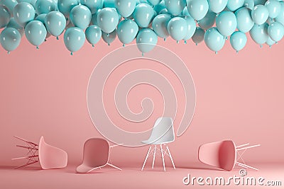 Outstanding white chair among pink chairs with floating blue balloons in pink pastel background room studio. Stock Photo