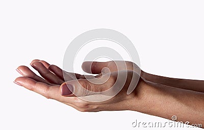 Outstretched cupped hands of young woman - isolated on white background Stock Photo