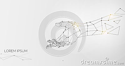 Outstretched hand made of lines and dots over grey background Vector Illustration
