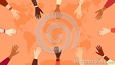 Outstretched hands of women of different nationalities on the background of a world map, copy space. Vector illustration Cartoon Illustration