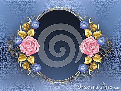 Oval banner with pink roses Vector Illustration