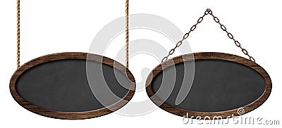 Oval blackboard with dark wooden frame hanging on ropes and chains Stock Photo