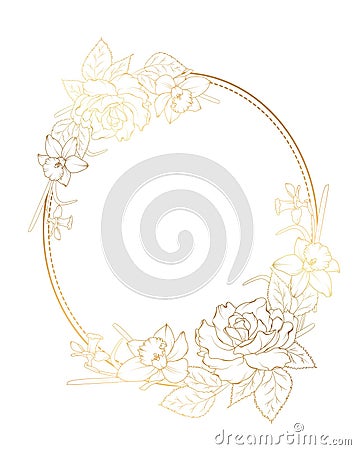 Oval frame rose peony narcissus daffodil flowers Vector Illustration