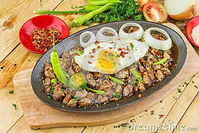 Oval bowl of meat, omelet, onion circles, pepper and some vegetables nearby Stock Photo