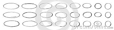 Oval, circle line, grunge vector set in sketch style. Red frames outline in hand drawn style. Vector Illustration