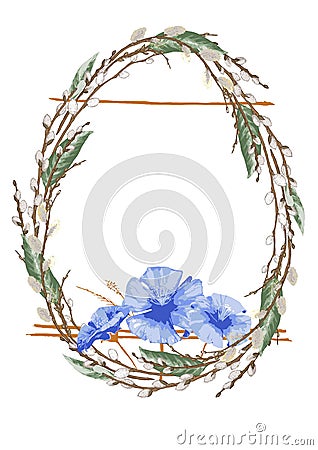 Oval egg Wreath from willow branches Vector Illustration