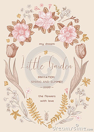 Oval floral frame. Vertical illustration. Vector botany Vector Illustration