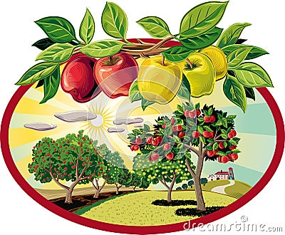 Oval frame with branch of apples on sky background and orchard. Vector Illustration