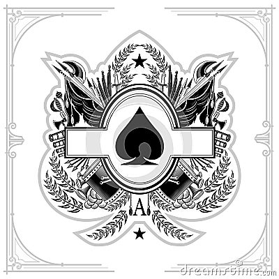 Oval frame in center of vintage weapon and military elements inside of ace of spades form. Military design playing card element bl Vector Illustration