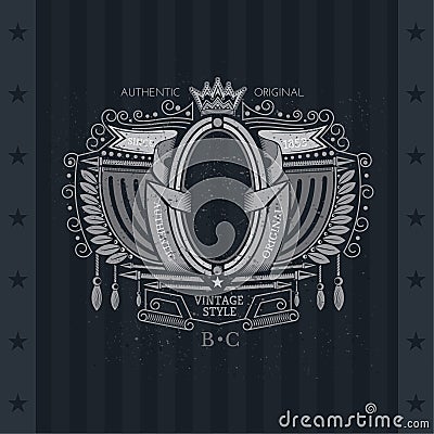 Oval Frame Between Flags, Laurel Wreath And Winding Ribbons Vector Illustration