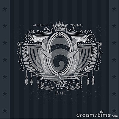 Oval Frame Between Flags, Laurel Wreath And Winding Ribbons. Vintage Label With Coat of Arms Vector Illustration