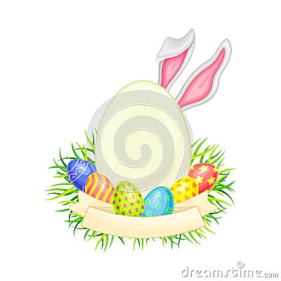 Oval Frame with Peeped out Bunny Ears and Decorated Easter Eggs or Paschal Eggs Rested in Green Grass Nest with Ribbon Vector Illustration