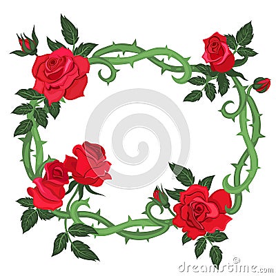Oval frame of thorns and red roses isolated on a white background. Vector graphics Stock Photo