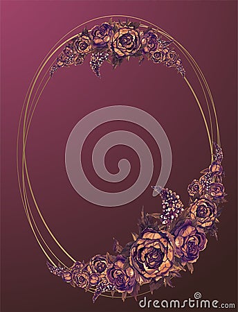 Oval gold frame with Burgundy watercolor flowers Vector. Vector Illustration