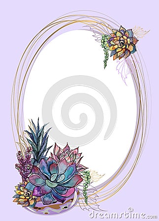 Oval gold frame with succulents. Vector illustration. Vector Illustration