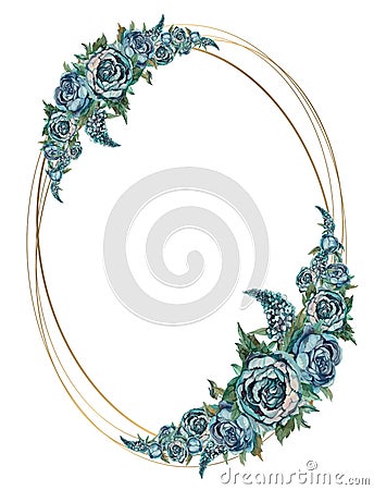 Oval gold frame with turquoise watercolor flowers. Vector Vector Illustration