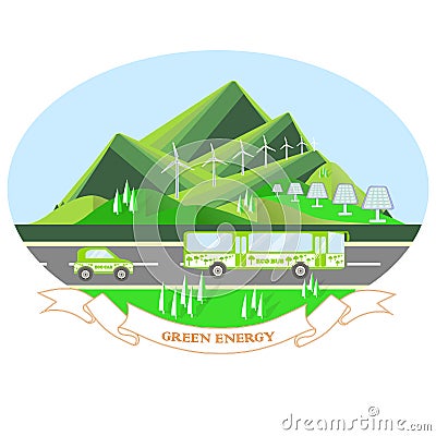 Oval illustration Green energy with mountain landscape, grey road, eco bus, eco car Vector Illustration