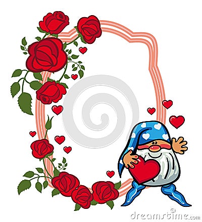 Oval label with roses and cute gnome holding heart. Vector clip art. Vector Illustration